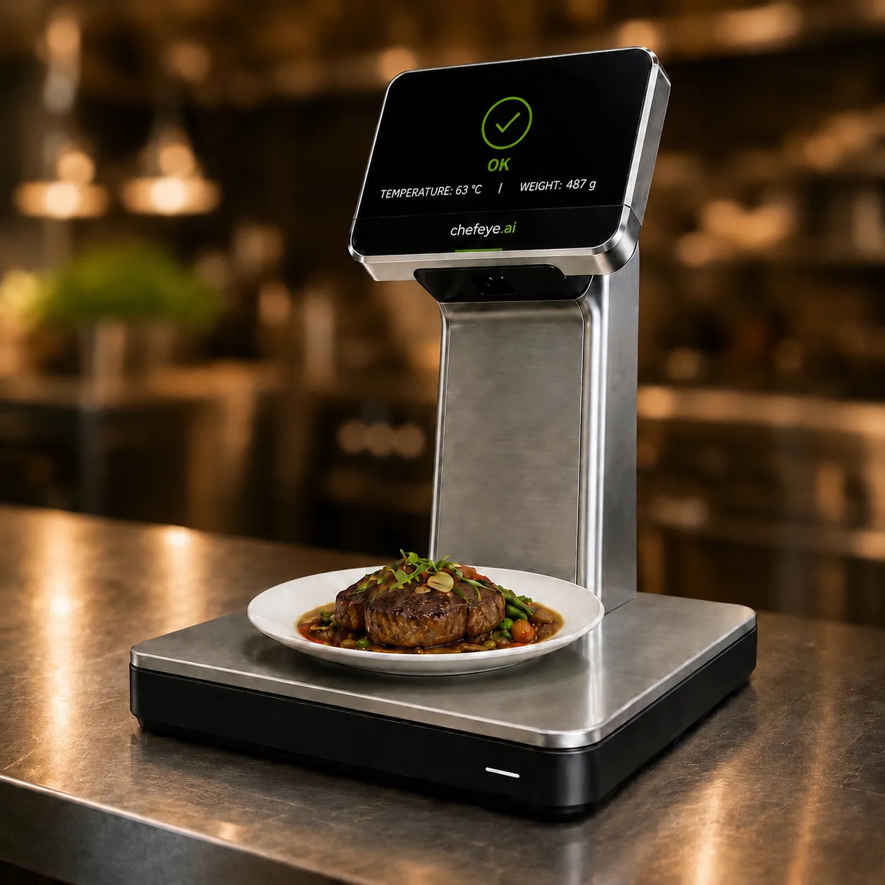 Station chefeye.ai en inox dans une cuisine professionnelle, avec une assiette sur la balance