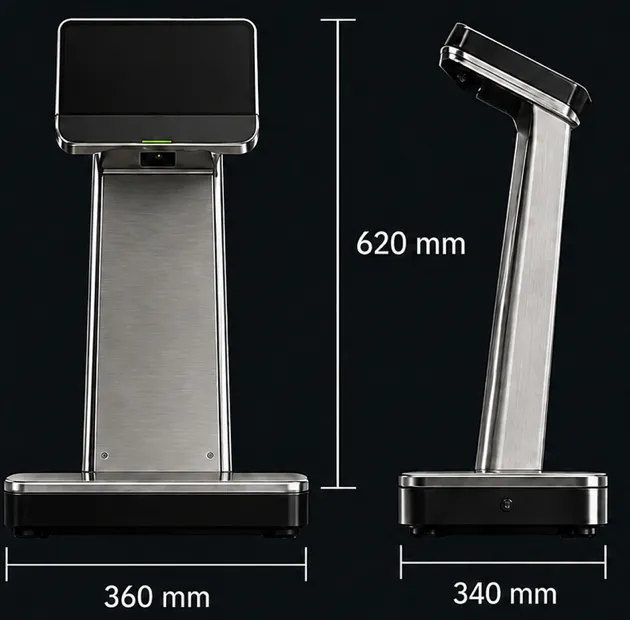 Vorder- und Seitenansicht der chefeye.ai-Station mit Maßen 360 × 340 × 620 mm